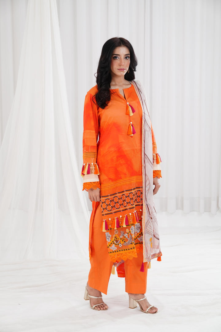 Digital Printed Embroidered Orange Stitched Suit - Nishat