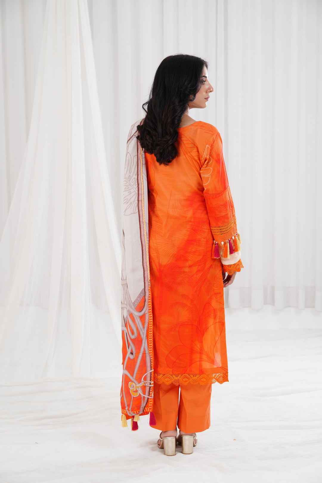 Digital Printed Embroidered Orange Stitched Suit - Nishat