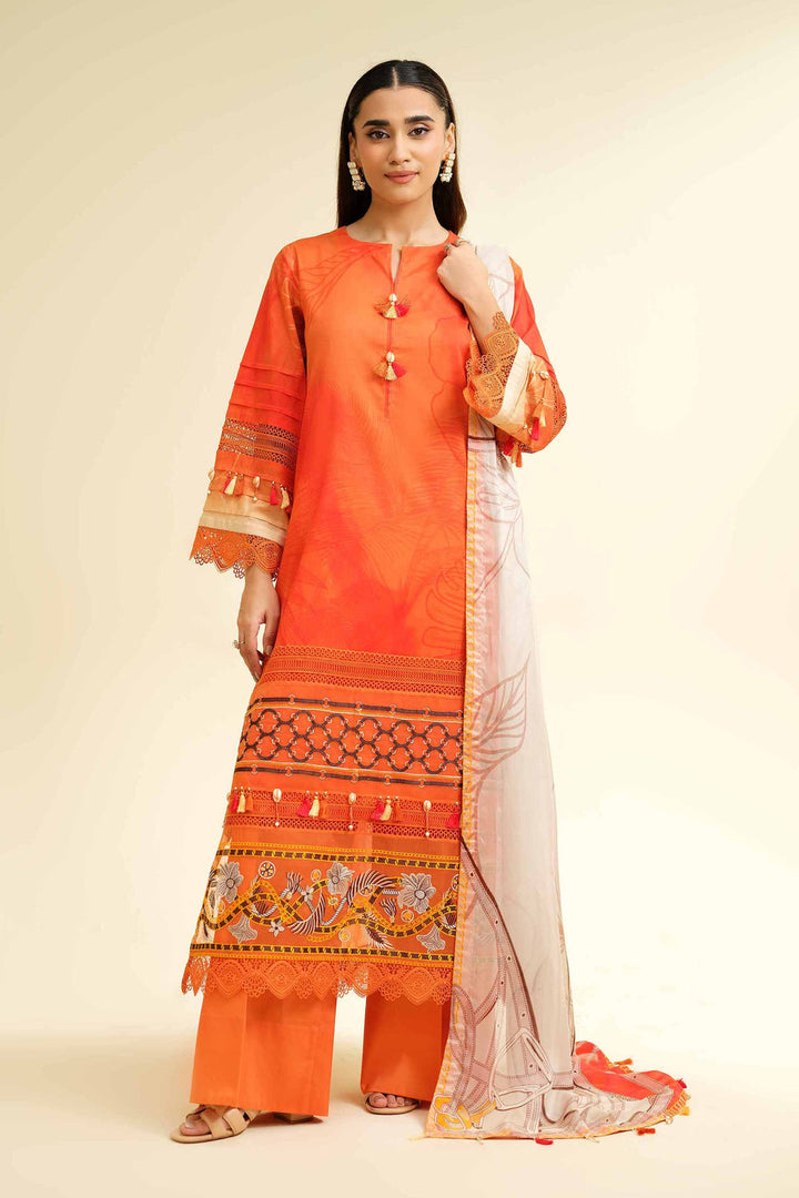 Digital Printed Embroidered Orange Stitched Suit - Nishat
