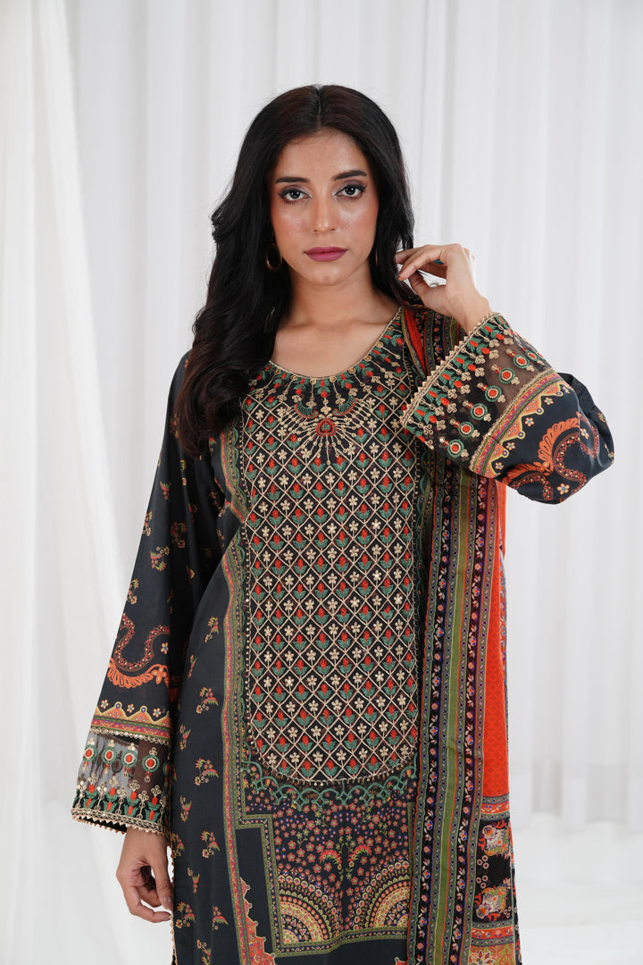 Digital Printed Embroidered Black Stitched Suit - Nishat