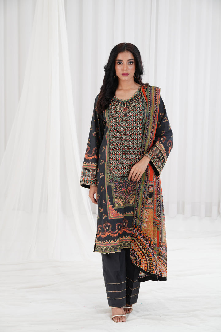 Digital Printed Embroidered Black Stitched Suit - Nishat
