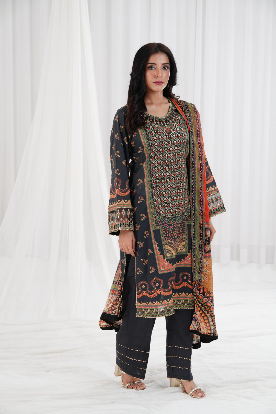 Digital Printed Embroidered Black Stitched Suit - Nishat
