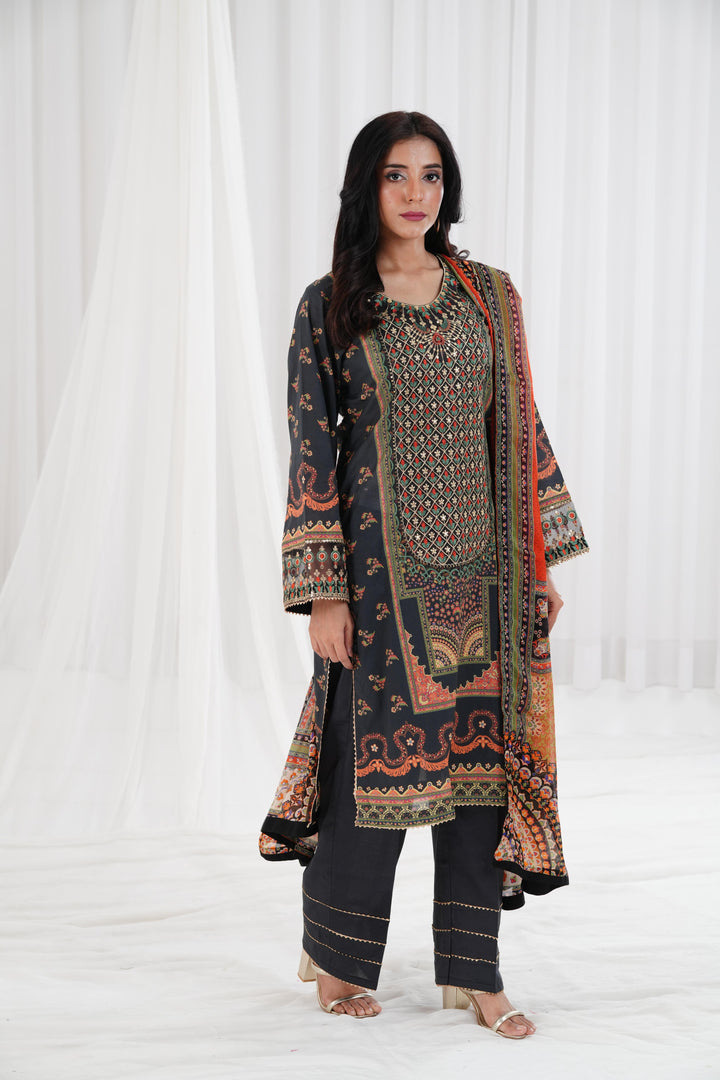 Digital Printed Embroidered Black Stitched Suit - Nishat