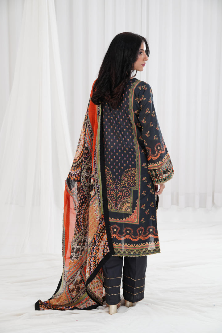 Digital Printed Embroidered Black Stitched Suit - Nishat