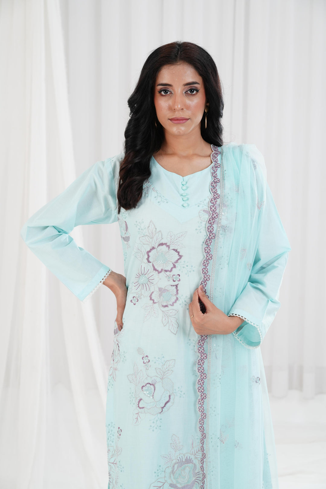 Embroidered Aqua Stitched Suit - Nishat Janan Embroidered Aqua Stitched Suit - Nishat Janan