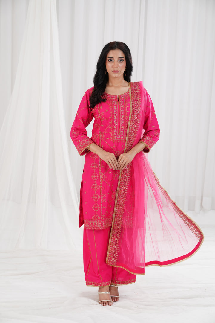 Embroidered Fuchsia Stitched Suit - Nishat