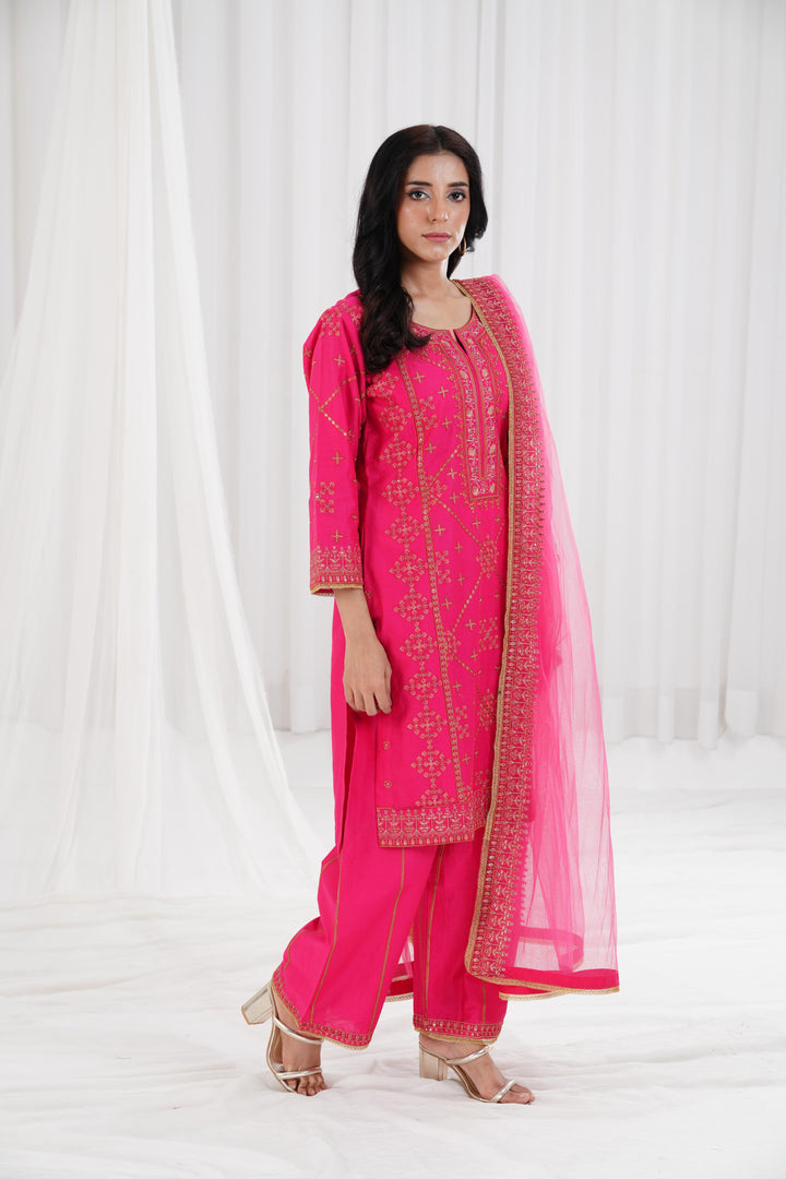 Embroidered Fuchsia Stitched Suit - Nishat