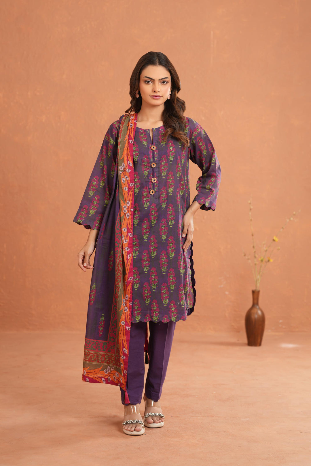 Raw Silk Dark Purple Stitched Suit - Nishat