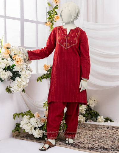 Textured Red 2 Piece Stitched Suit - J. Junaid Jamshed