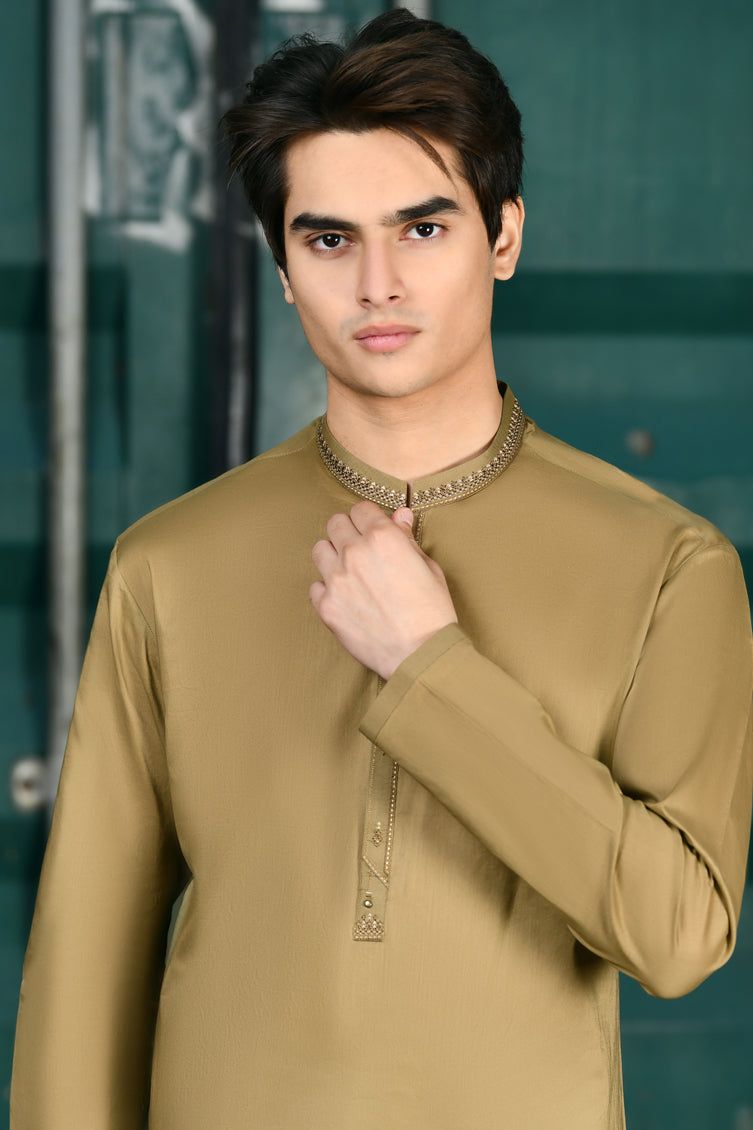 Cotton Light Brown Kurta - J. Junaid Jamshed