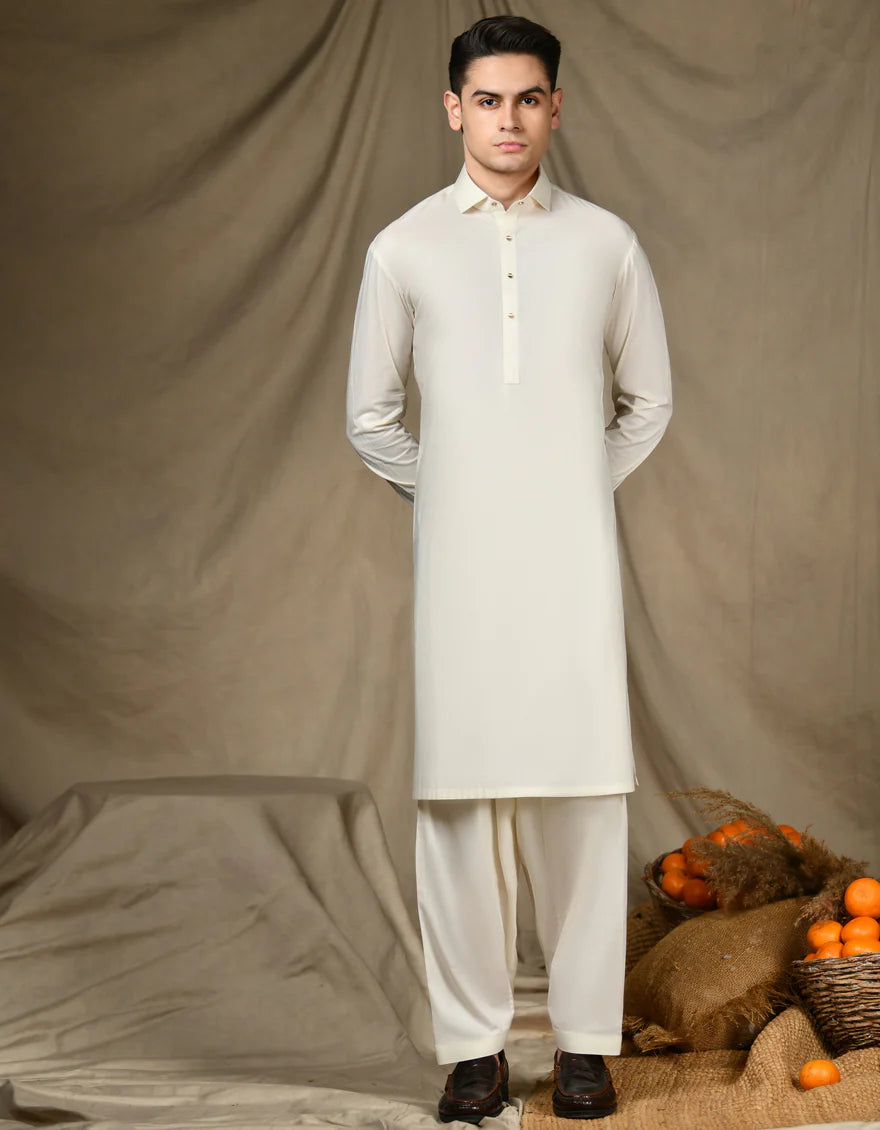 Cotton White Kameez Shalwar - J. Junaid Jamshed