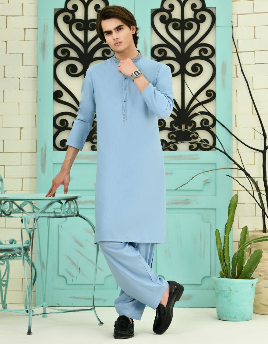 Blended Blue Kameez Shalwar - J. Junaid Jamshed