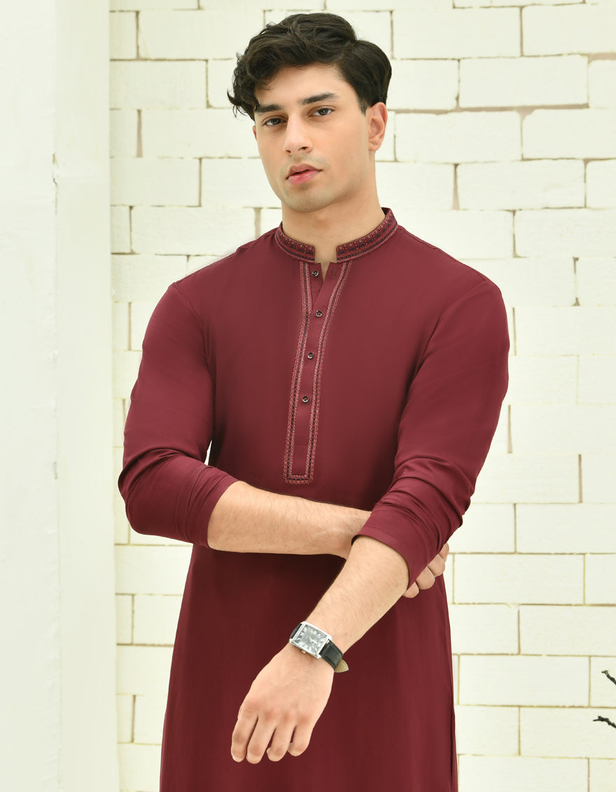 Blended Red Kameez Shalwar - J. Junaid Jamshed