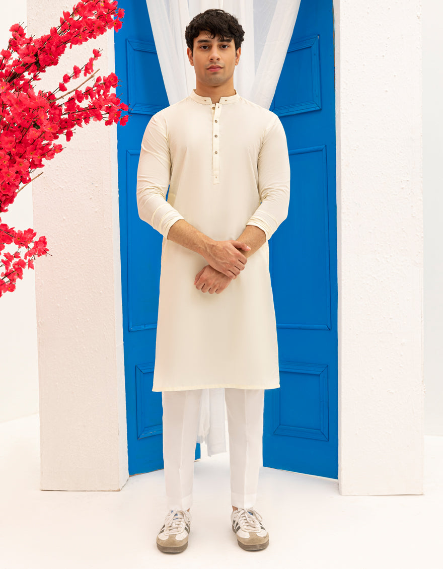 Blended Cream Kurta - J. Junaid Jamshed