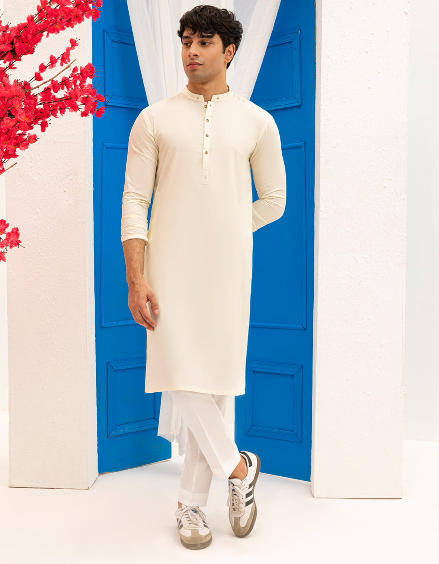 Blended Cream Kurta - J. Junaid Jamshed