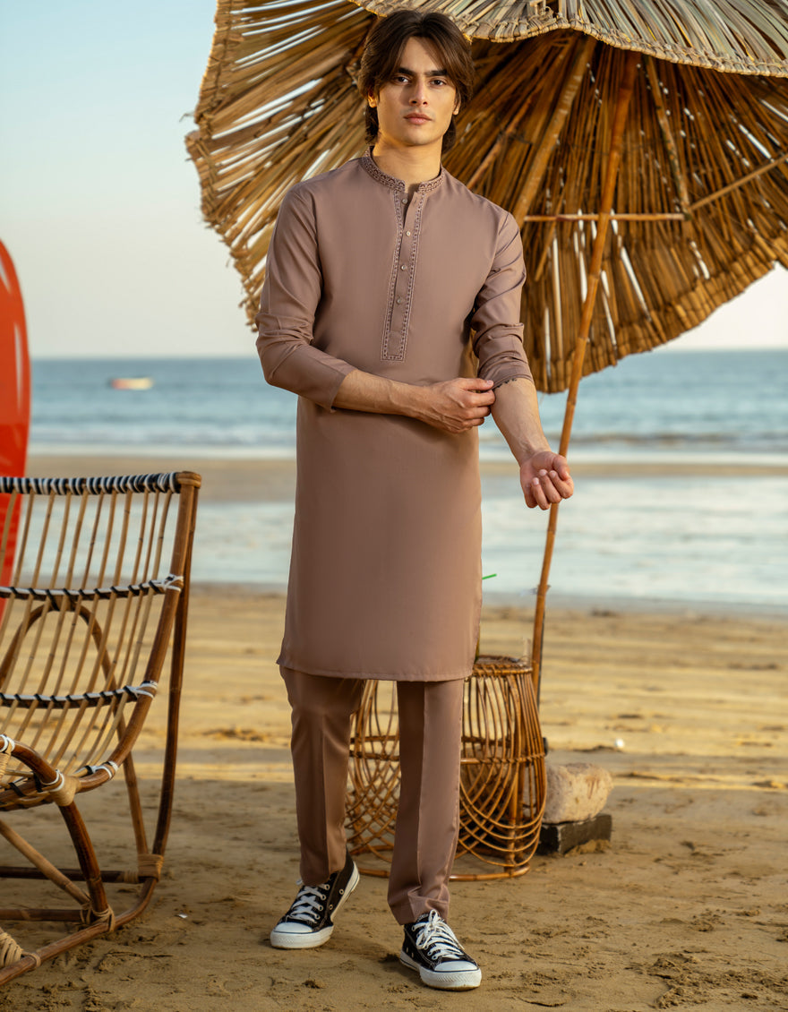 Blended Brown Kurta Trouser - J. Junaid Jamshed