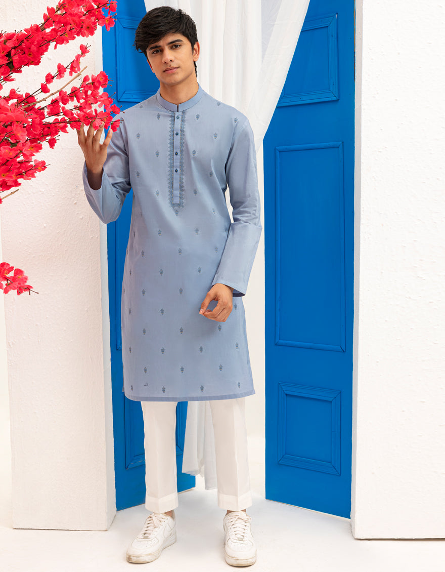 Cotton Dull Blue Kurta - J. Junaid Jamshed