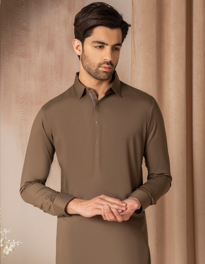 Blended Mehndi Brown Shalwar Kameez - J. Junaid Jamshed