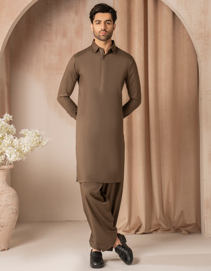 Blended Mehndi Brown Shalwar Kameez - J. Junaid Jamshed
