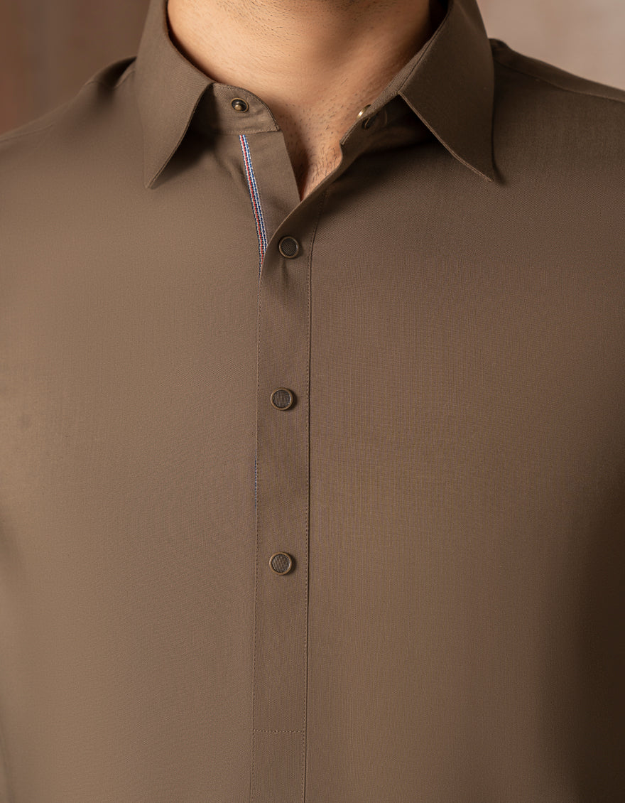 Blended Mehndi Brown Shalwar Kameez - J. Junaid Jamshed