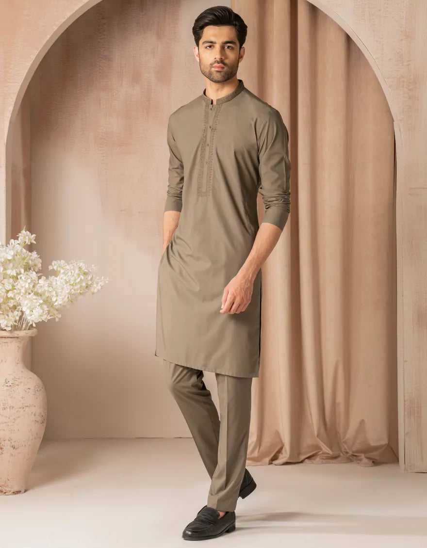 Blended Army Green Kurta Trouser - J. Junaid Jamshed