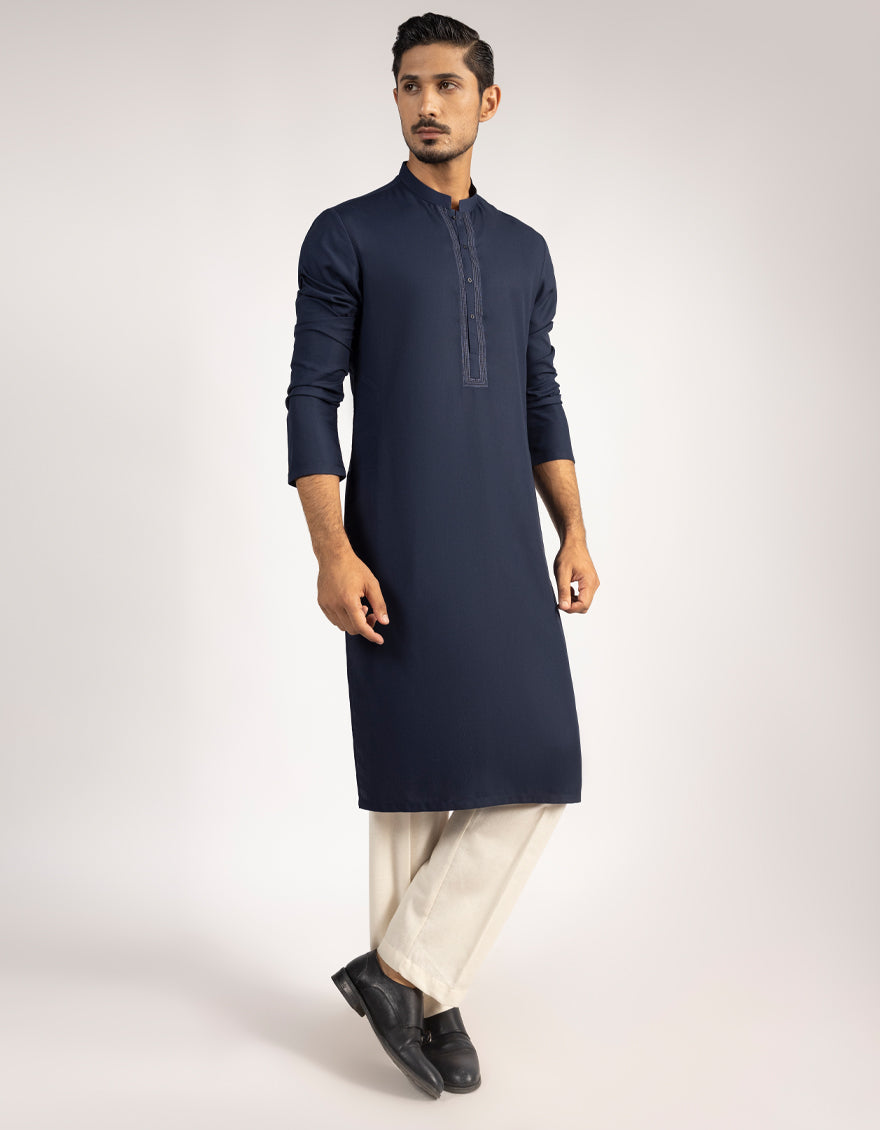 Blended Navy Blue Kurta - J. Junaid Jamshed