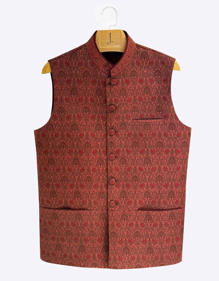 Polyester Red Waist Coat - J. Junaid Jamshed