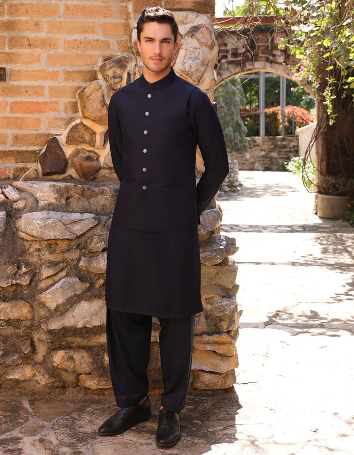 Blended Navy Blue Shalwar Kameez - J. Junaid Jamshed