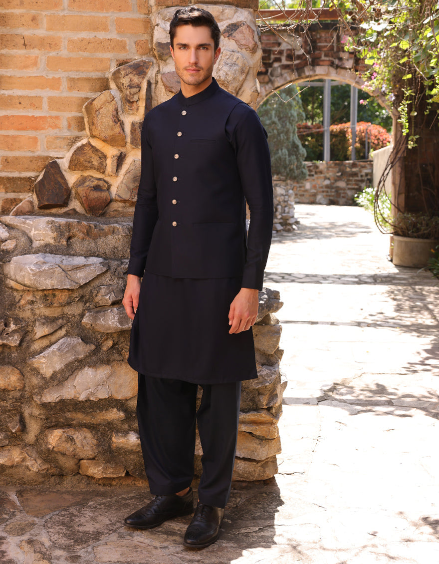 Blended Navy Blue Shalwar Kameez - J. Junaid Jamshed