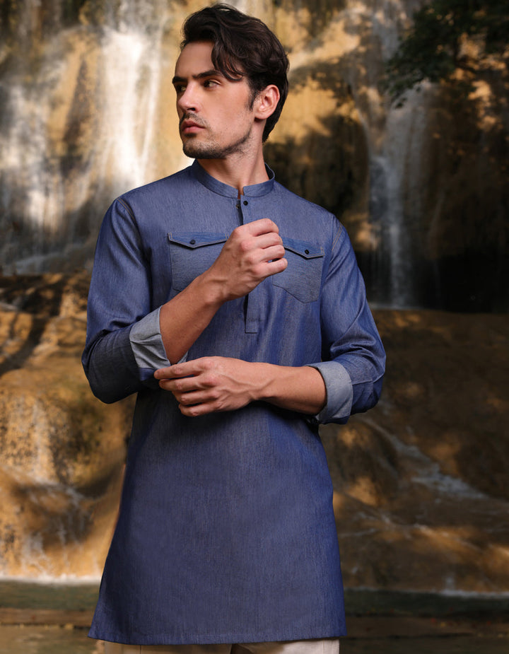 Blended Blue Short Kurta - J. Junaid Jamshed