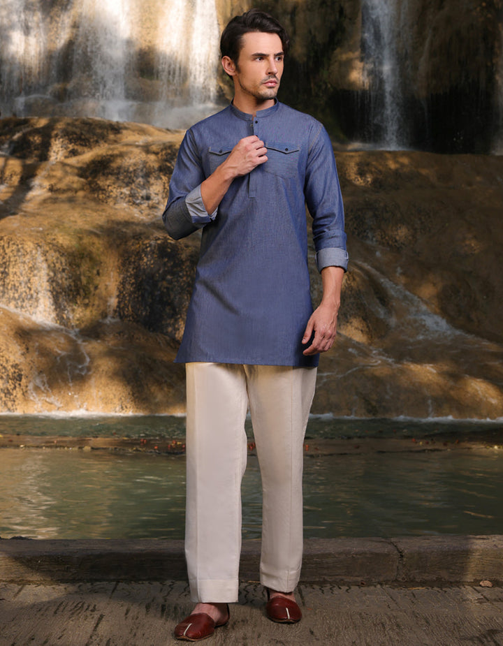 Blended Blue Short Kurta - J. Junaid Jamshed