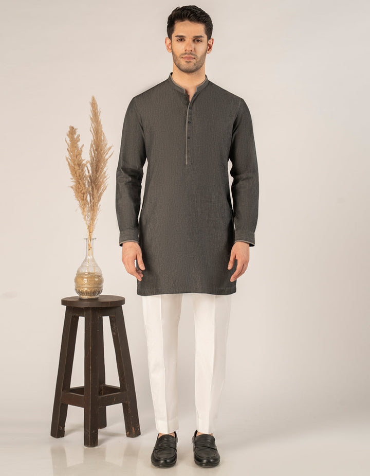 Cotton Denim Black Kurta - J. Junaid Jamshed