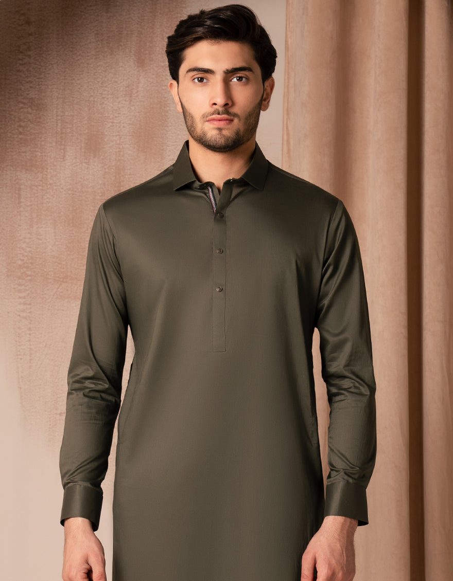 Cotton Mehndi Green Kurta Trouser - J. Junaid Jamshed