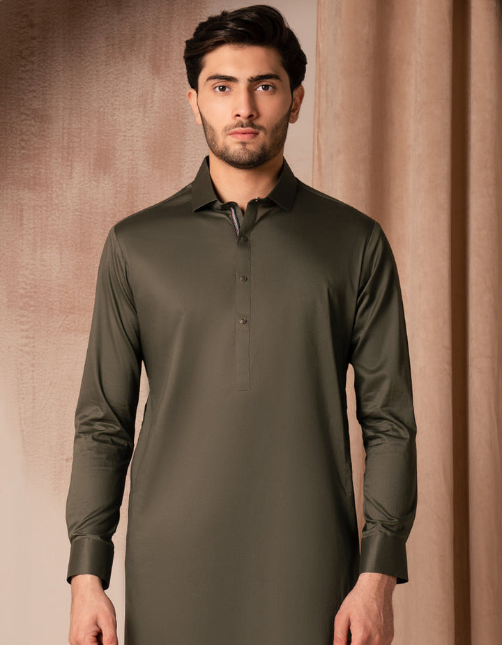 Cotton Mehndi Green Kurta Trouser - J. Junaid Jamshed
