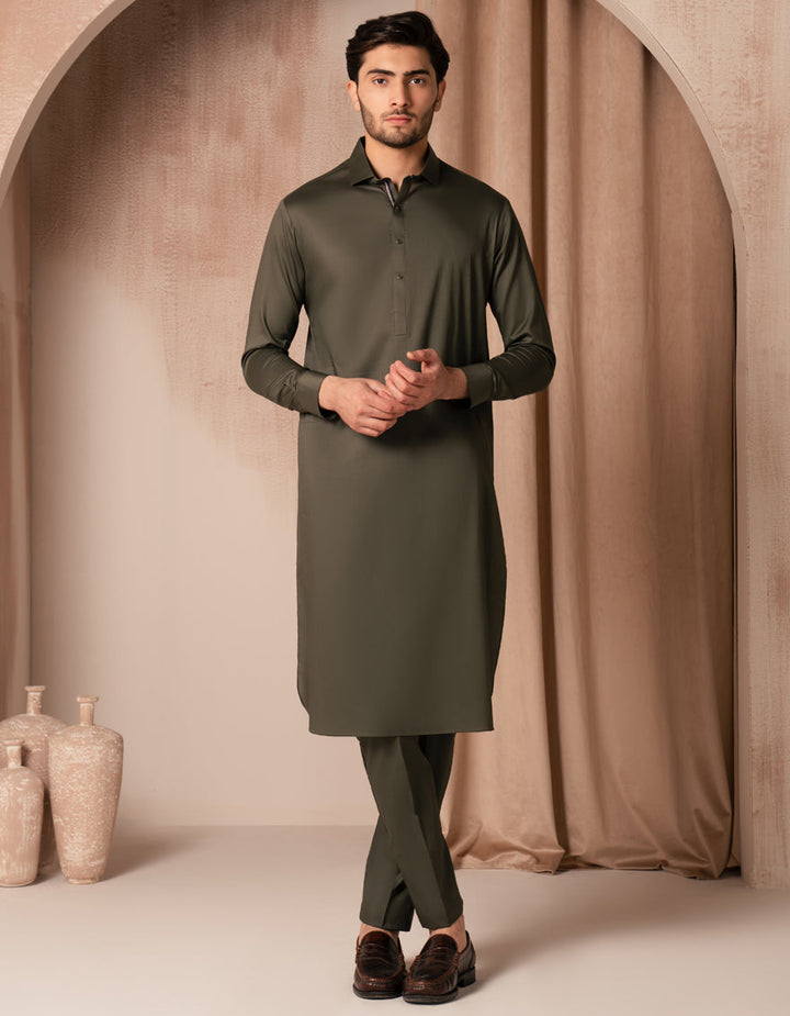Cotton Mehndi Green Kurta Trouser - J. Junaid Jamshed