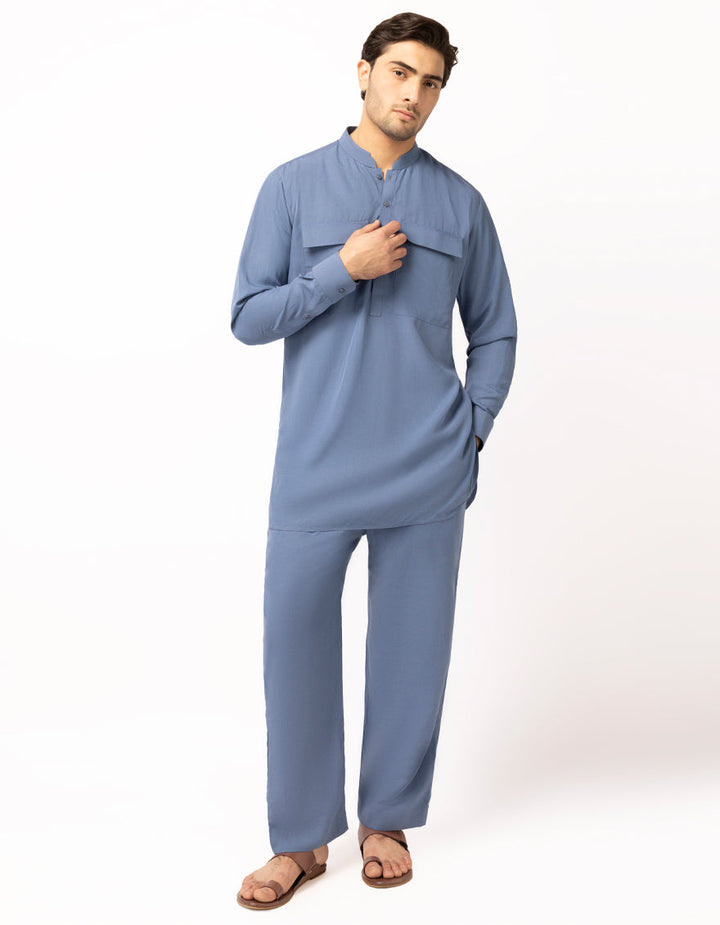 Blended Blue Short Kurta Trouser - J. Junaid Jamshed
