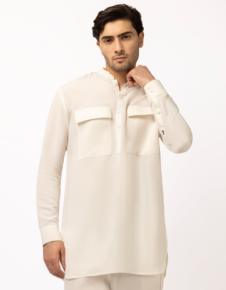 Blended Off White Short Kurta Trouser - J. Junaid Jamshed