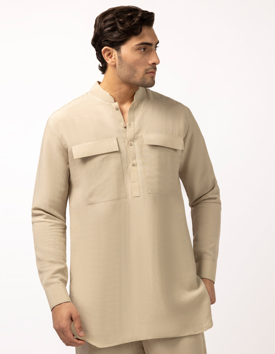 Blended Beige Short Kurta Trouser - J. Junaid Jamshed