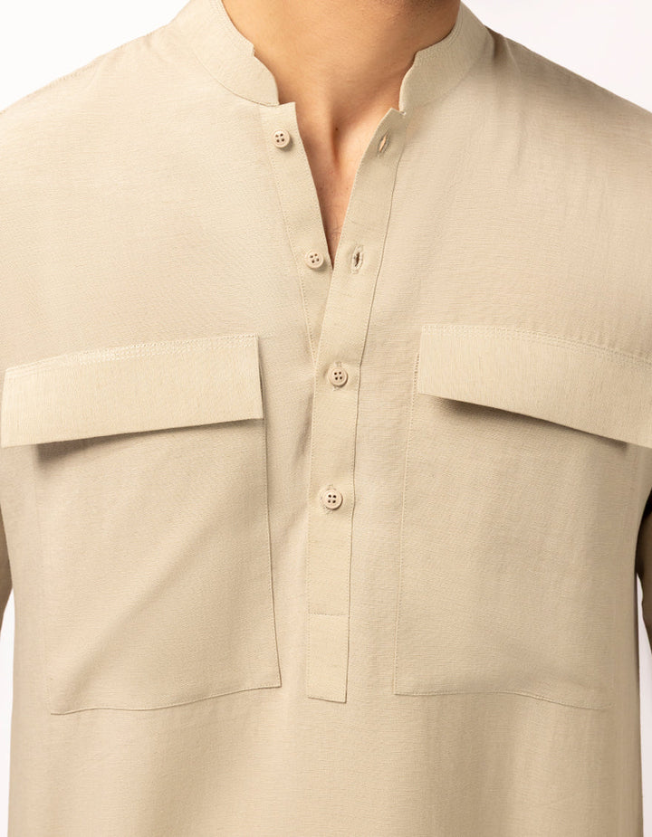 Blended Beige Short Kurta Trouser - J. Junaid Jamshed