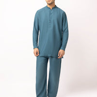 Blended Teal Blue Short Kurta Trouser - J. Junaid Jamshed
