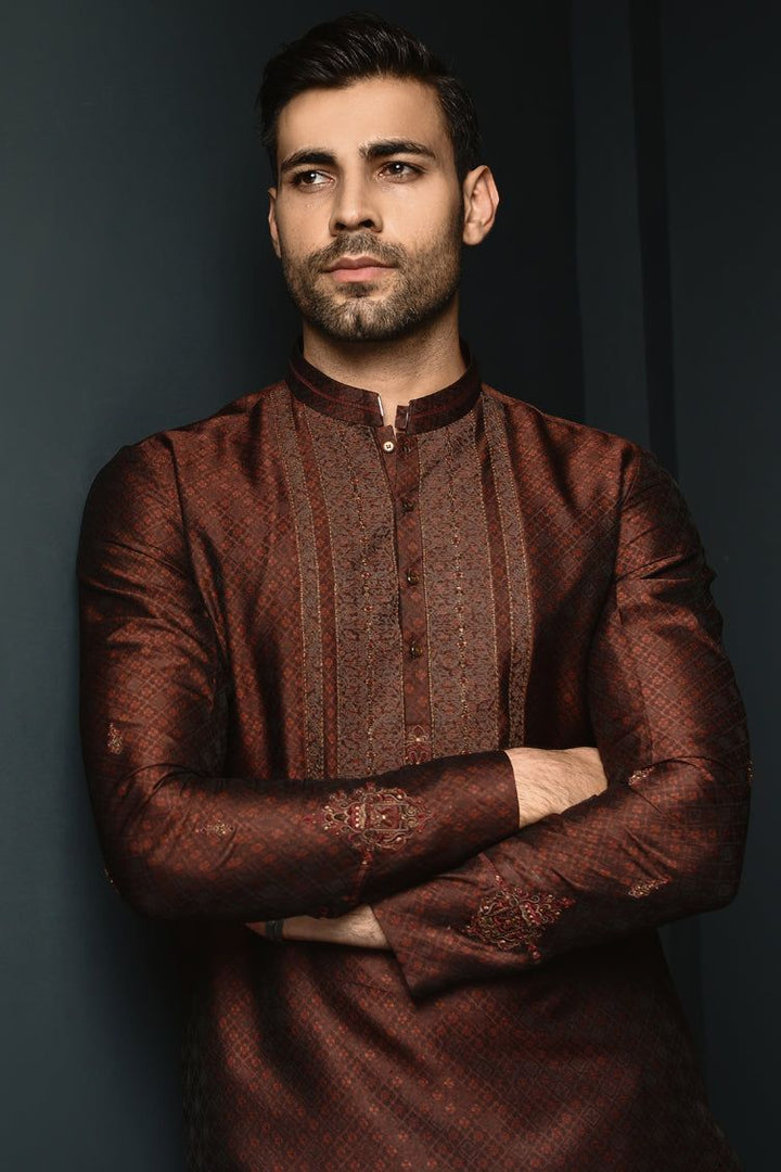 Jamawar Brown Special Kurta - J. Junaid Jamshed