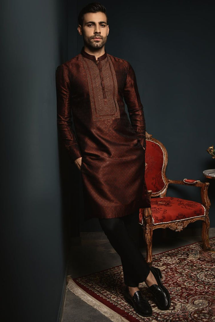 Jamawar Brown Special Kurta - J. Junaid Jamshed