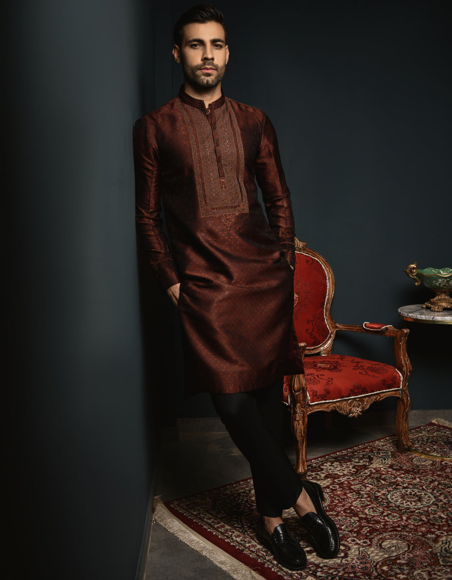 Jamawar Brown Special Kurta - J. Junaid Jamshed