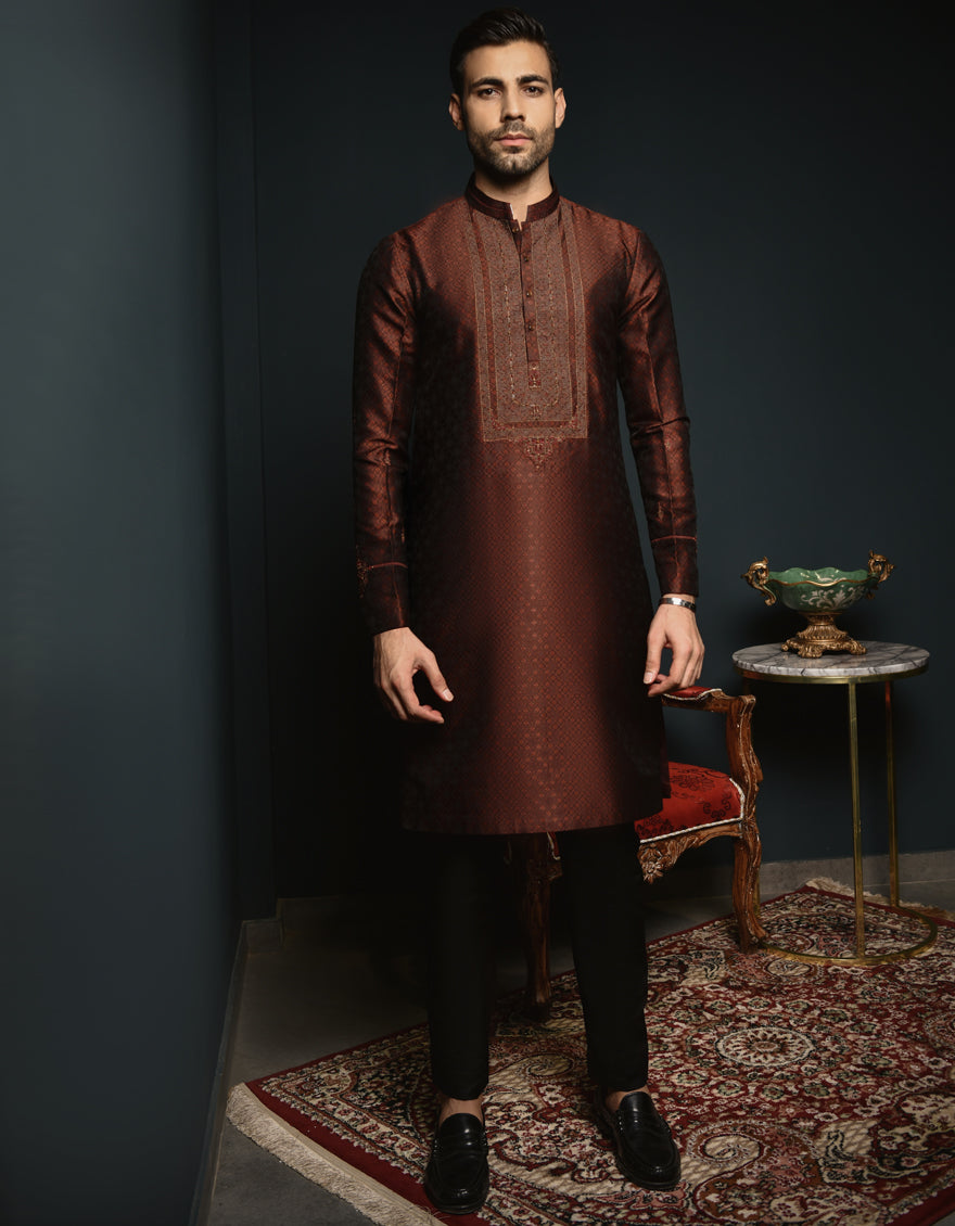 Jamawar Brown Special Kurta - J. Junaid Jamshed