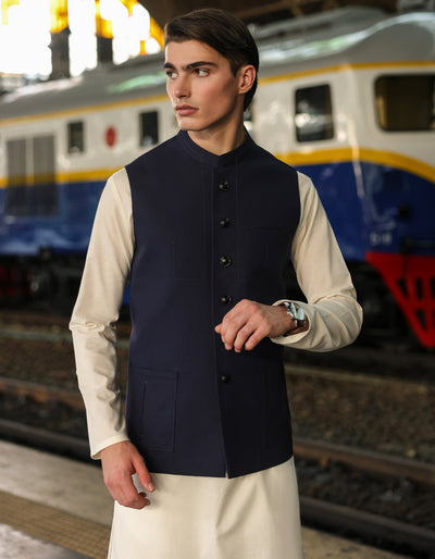 Cotton Navy Blue Waist Coat - J. Junaid Jamshed