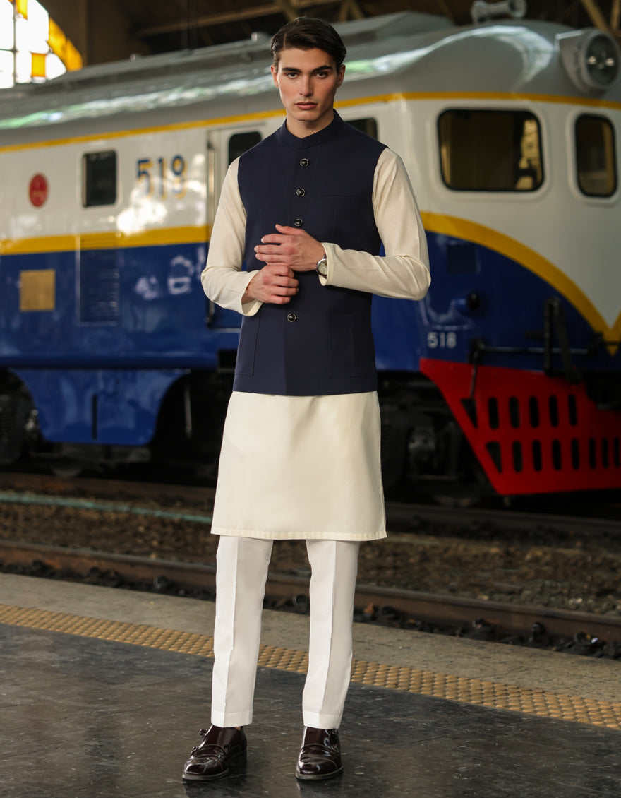 Cotton Navy Blue Waist Coat - J. Junaid Jamshed