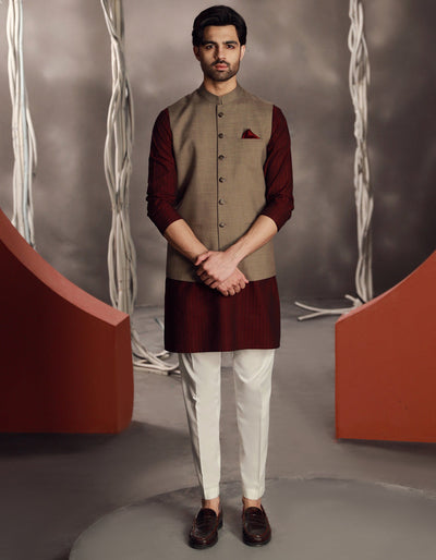 Suiting Beige Waist Coat - J. Junaid Jamshed