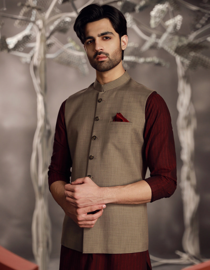 Suiting Beige Waist Coat - J. Junaid Jamshed