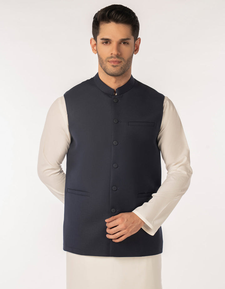 Suiting Midnight Blue Waist Coat - J. Junaid Jamshed