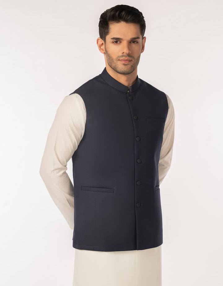 Suiting Midnight Blue Waist Coat - J. Junaid Jamshed